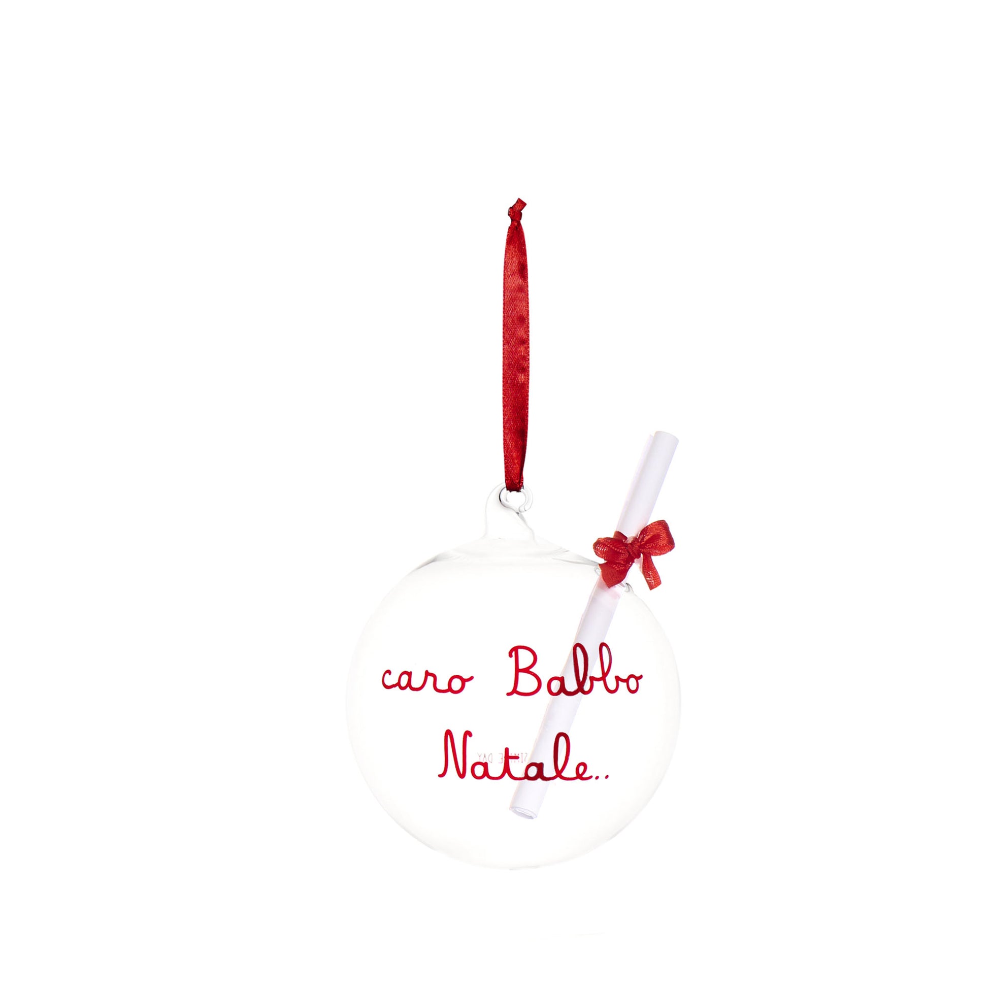 Rendi il tuo albero di Natale ancora più speciale con la decorazione Pallina con la lettera "caro Babbo Natale" di Simple Day. Il vetro borosilicato e il cordoncino rosso fanno risplendere il tuo albero, mentre il foglietto di carta bianca arrotolata aggiunge un tocco personale. In negozio e online su tuttochic.it