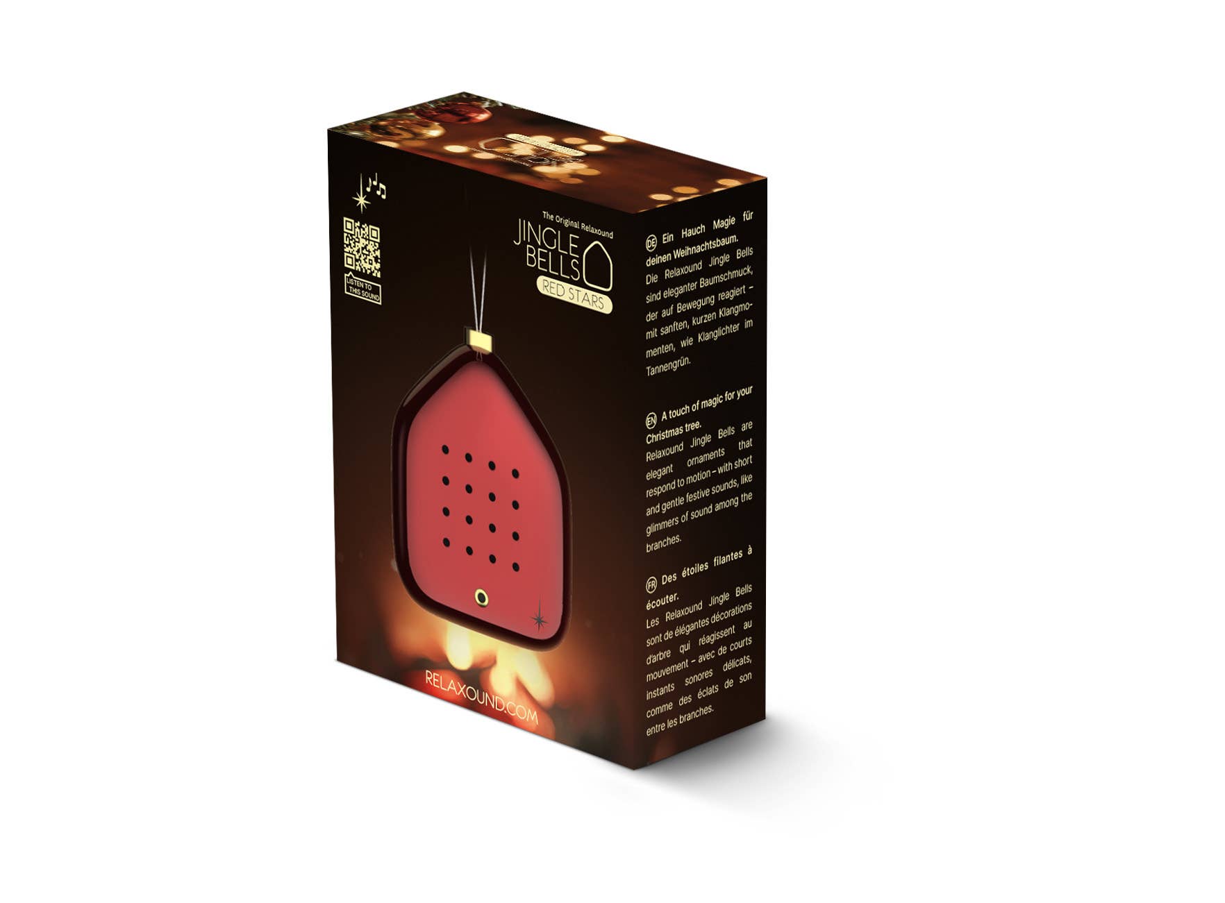 Scatola regalo Relaxound Jingle Bells Red Stars con dettagli illustrati e vista sul decoro natalizio