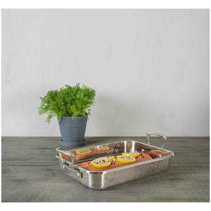 Teglia da forno Impact di Scanpan con griglia e manici in acciaio, adatta a induzione e forno fino a 250°C, dimensioni 42,5x26xh11 cm