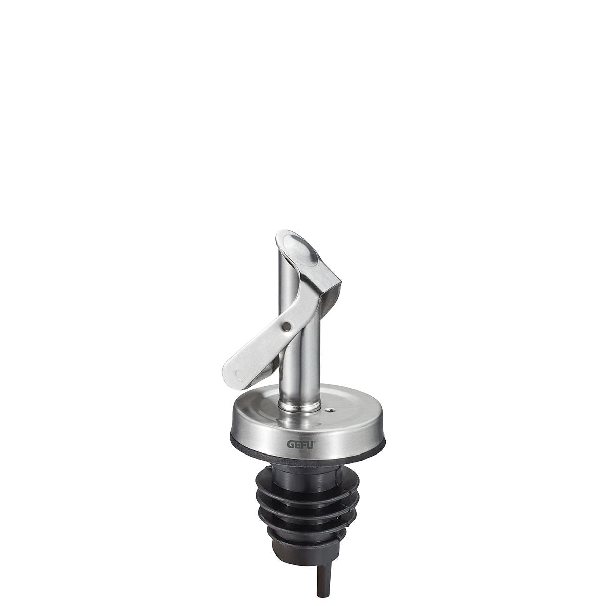 Dosatore versatore SEESAW di GEFU in acciaio inox con coperchio automatico per bottiglie di olio e aceto.