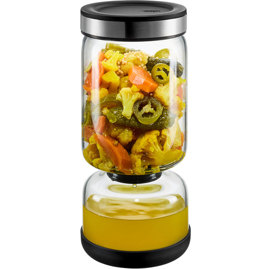 Barattolo scolante LAVINA di GEFU in vetro borosilicato con sistema a doppia camera, disponibile in due misure (900ml e 1300ml).