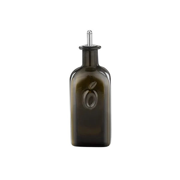 Oliera Moresca Olipac da 500 ml in vetro scuro Verdetrusco con oliva in rilievo e versatore a sfera in acciaio inox