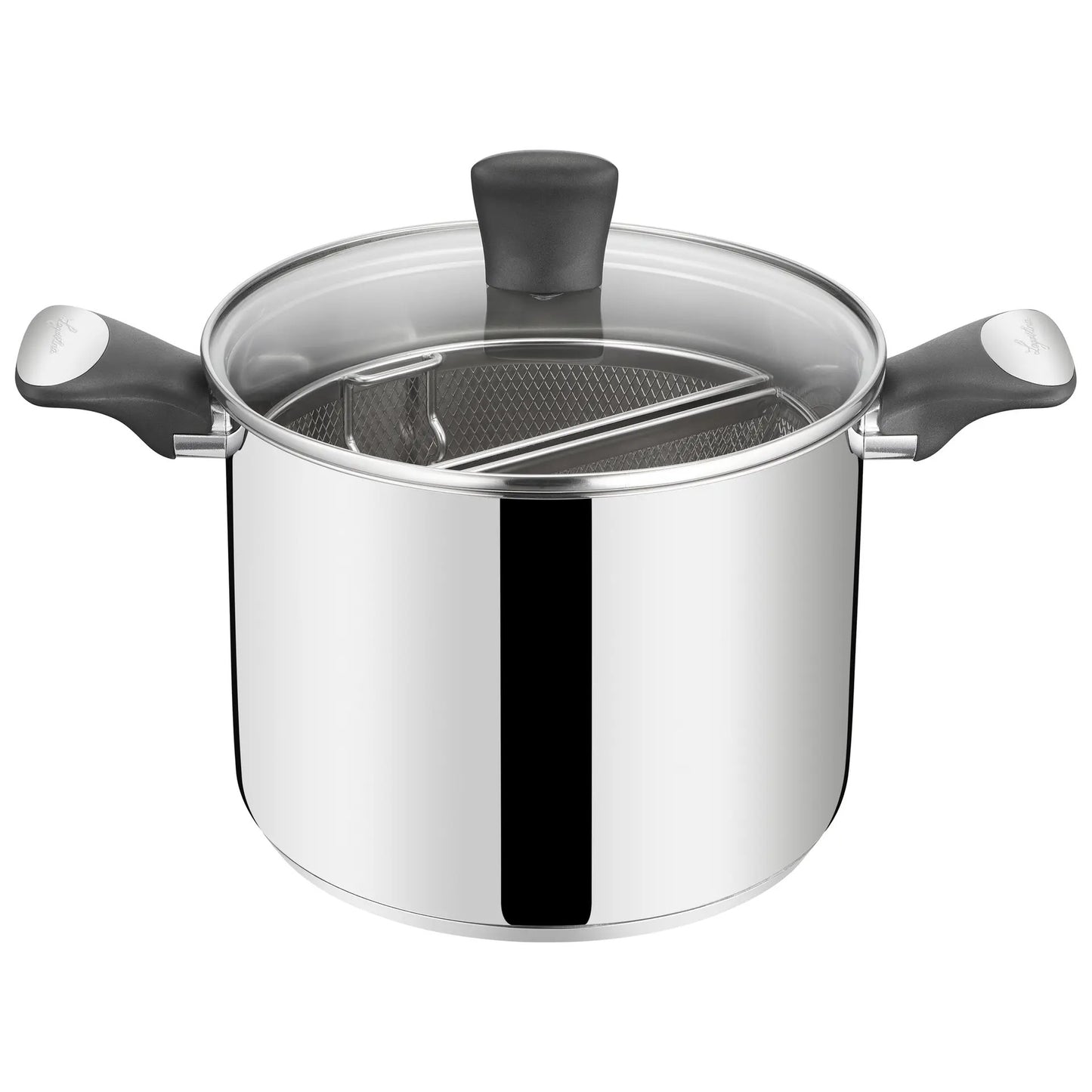 Con la Pastaiola con doppio cestello in acciaio e coperchio in vetro Unlimited, puoi cucinare facilmente e contemporaneamente diverse tipologie di pasta e verdure grazie ai suoi 2 cestelli integrati. Dimensioni: Ø 22 cm - Capacità: 4 litri. In negozio e online su tuttochic.it 