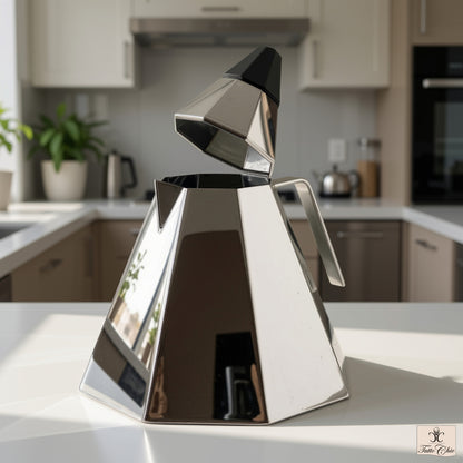Bollitore ottagonale in acciaio inox lucido Calderoni da 2 litri di design italiano fuori produzione su piano in marmo