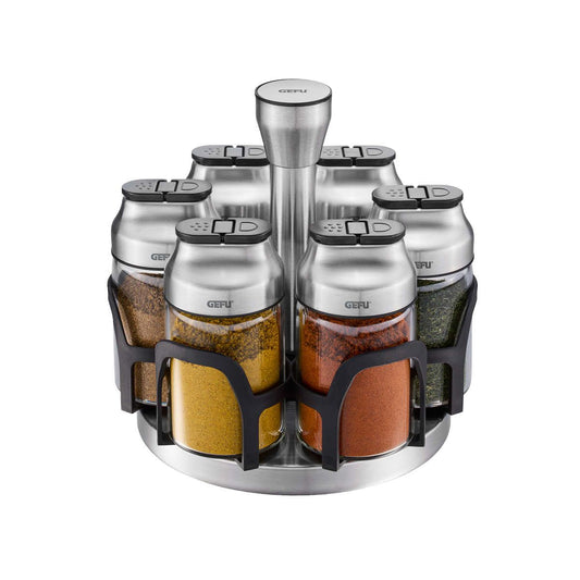 Portaspezie girevole KIPPO con 6 contenitori in vetro per spezie ed erbe apertura del coperchio a cerniera. dimensioni Ø 17,3 cm, alt. 15,8 cm• vetro borosilicato / acciaio inox pregiato / resina / silicone. In negozio e online su tuttochic.it