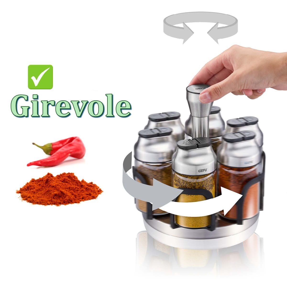Portaspezie girevole KIPPO con 6 contenitori in vetro per spezie ed erbe apertura del coperchio a cerniera. dimensioni Ø 17,3 cm, alt. 15,8 cm• vetro borosilicato / acciaio inox pregiato / resina / silicone. In negozio e online su tuttochic.it
