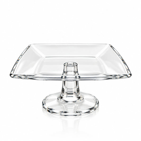 Alzatina quadrata in vetro trasparente Ego dimensioni 15x15 cm su base rotonda vista frontale