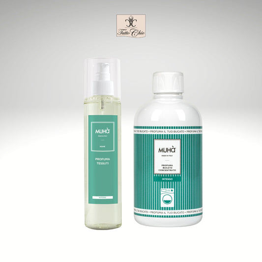 Kit regalo Muhà Intenso con profuma bucato e spray per tessuti, fragranza marina e agrumata, confezione regalo scura ed elegante, Tutto Chic.