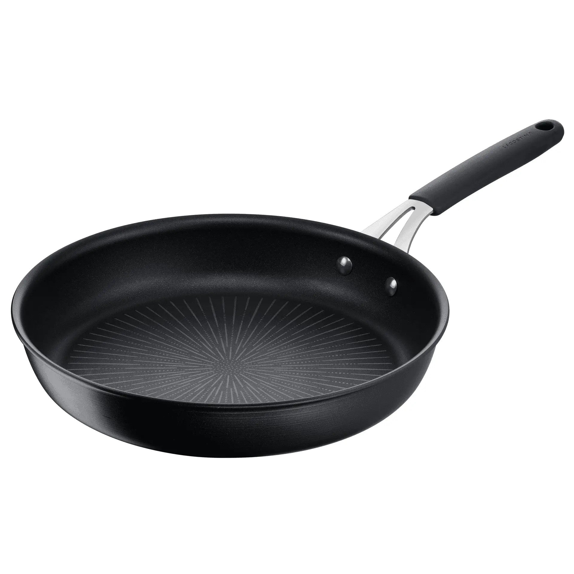 Padella antiaderente Lagostina linea Tempra® diametro 28 cm, interno nero con texture a raggiera, manico nero rivettato, adatta per induzione e gas.