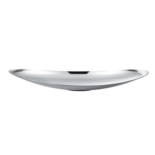 Ciotola decorativa ONDEA di Blomus in acciaio inossidabile lucido, forma ovale con bordi curvi.
