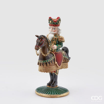 Portacandela natalizio soldatino Schiaccianoci a cavallo EDG in resina decorata con finiture oro altezza 33 cm