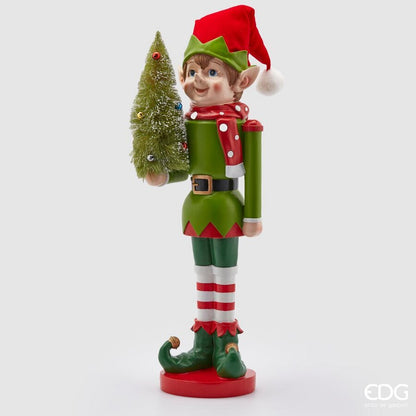 Statuetta decorativa elfo natalizio EDG con albero di pino e cappuccio in tessuto vellutato altezza 59 cm
