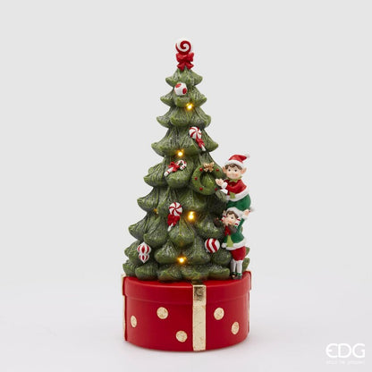 Albero di Natale EDG in resina decorata con elfi carillon musicale e luci integrate altezza 37 cm