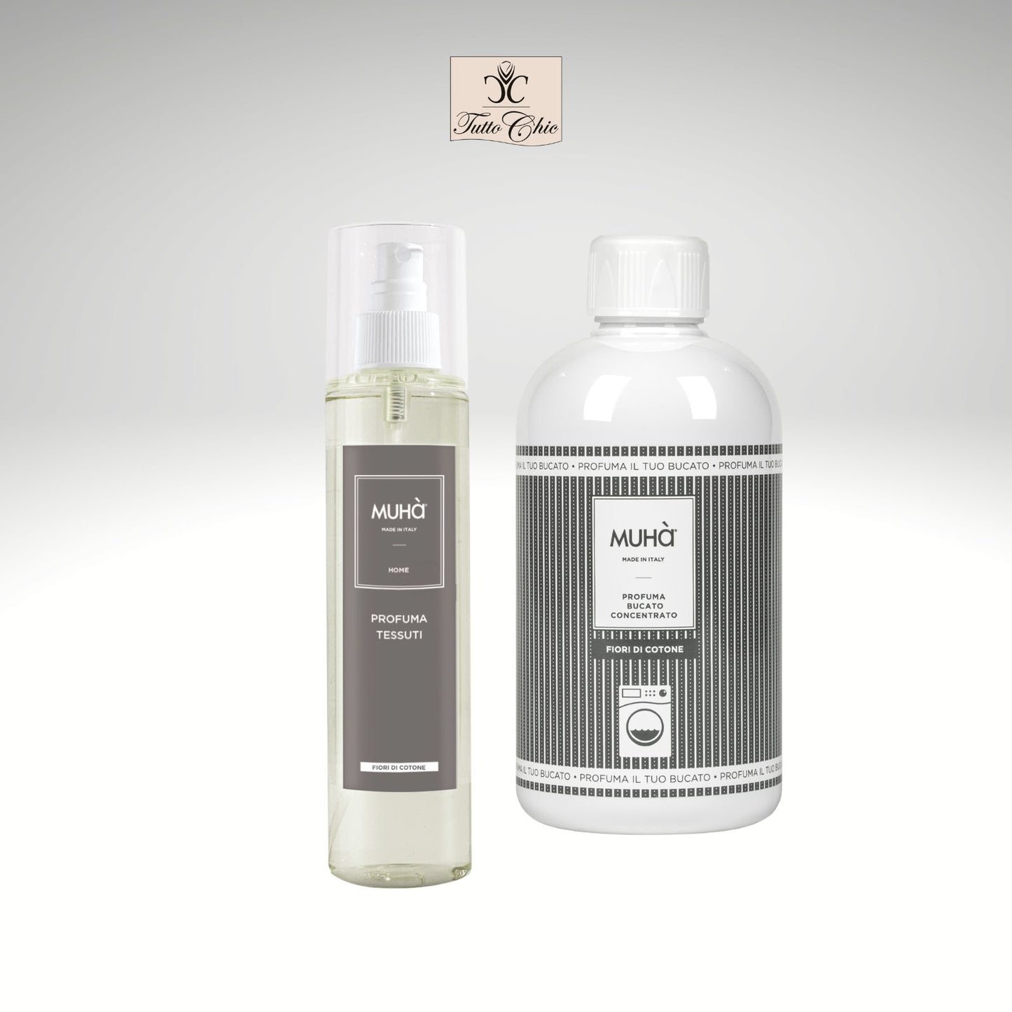 Kit regalo Muhà Fiori di Cotone con profuma bucato e spray per tessuti, fragranza dolce e delicata, scatola regalo coordinata Made in Italy, Tutto Chic.