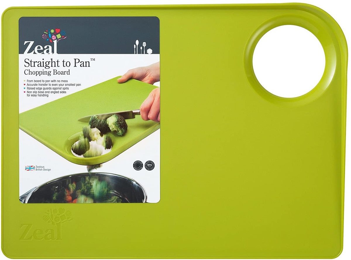 Tagliere ergonomico Zeal colore verde con foro per impugnatura e bordi rialzati salva pietanze.