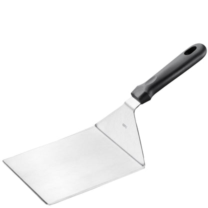 Paletta per barbecue professionale extra-large in acciaio inossidabile con impugnatura ergonomica nera.