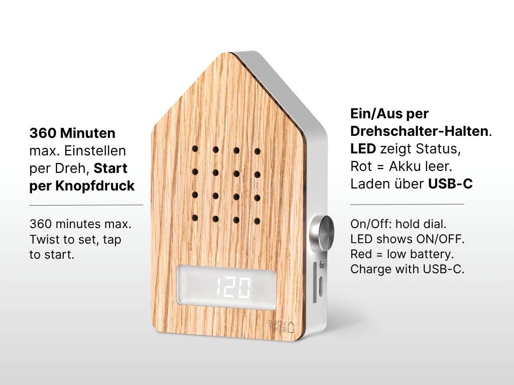 Birdytimer Relaxound in legno di quercia con frontale artigianale.