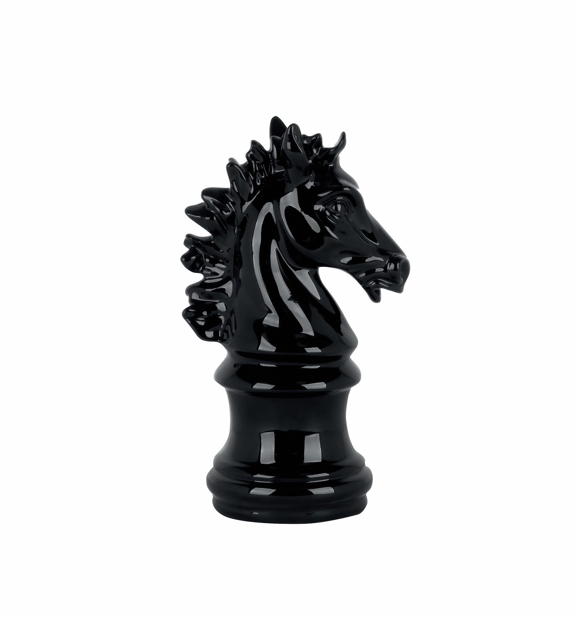 Scultura moderna a forma di cavallo degli scacchi, finitura nero lucido specchiato, altezza 35 cm, brand Ambienti Glamour, oggettistica di lusso per interni, Tutto Chic.
