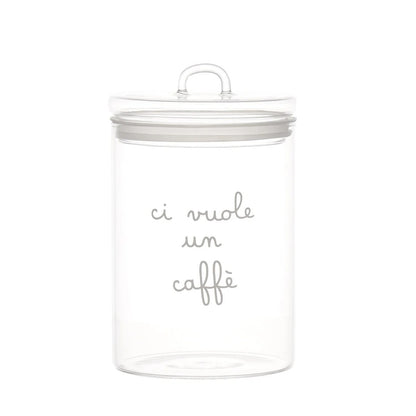 Il barattolo di vetro borosilicato trasparente con la scritta "ci vuole un caffè" Dimensioni: ø 12 x h 20 cm. In negozio e online su tuttochic.it