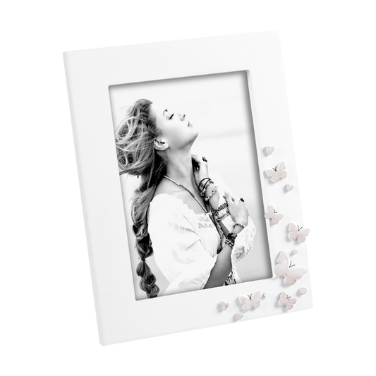 Portafoto in MDF opaco con decoro farfalle – cornice bianca o naturale – formato 13x18 cm – Mascagni Casa

