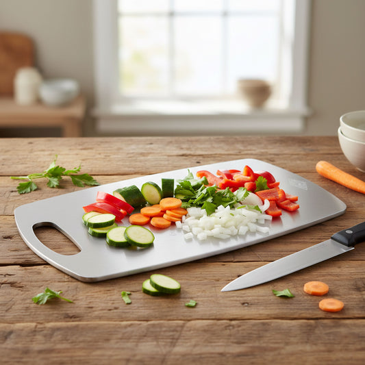 Tagliere grande in acciaio inox Ideale di Ipac su tavolo rustico con verdure a fettine e coltello da cucina