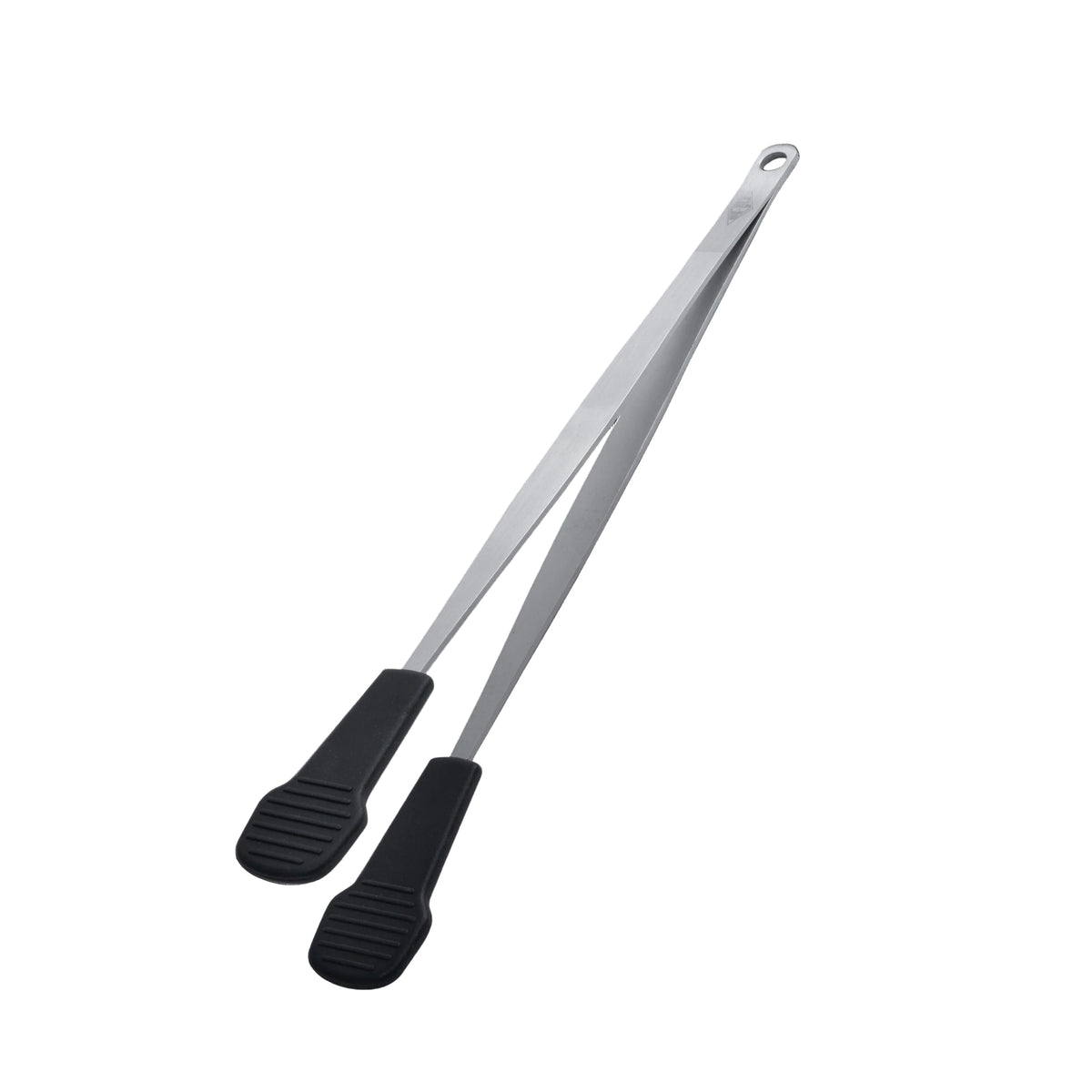 Pinza da cucina professionale in acciaio inossidabile con terminali sagomati neri in silicone Ideale di Ipac su sfondo nero