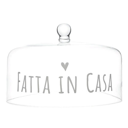 Alzata e campana in vetro con decoro "Fatta In Casa"per dolci e torte da 30 cm di diametro! Perfetta per presentare torte, biscotti, muffin, cupcake, ma anche frutta e antipasti salati. Realizzata in vetro soffiato. Dimensioni: alzata cm Ø 30 x 8,5 h, campana cm Ø 28,5 x 14,5 h. In negozio e online su tuttochic.it