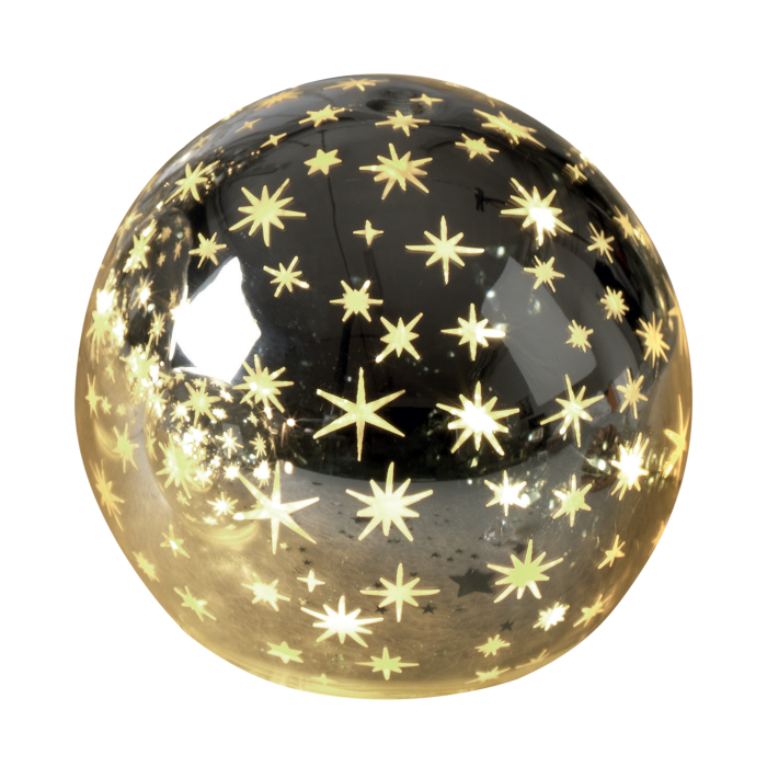 Realizzata in vetro color argento lucido con decoro stelline. Diam. 15 cm. Funziona con 3 batterie  stilo incluse. In negozio e online su tuttochic.it