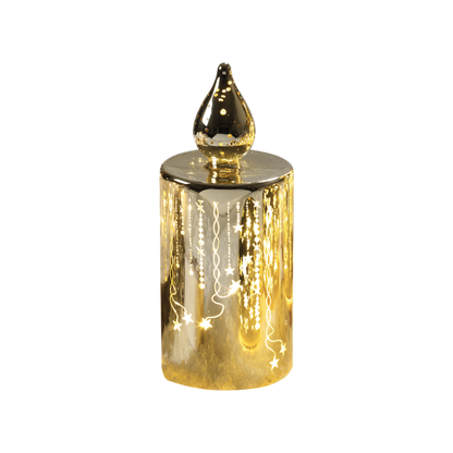 Realizzato in vetro color oro lucido e decorato con stelle, con led intermittenti. Dimensioni: cm 7,5x18 h Batterie incluse. In negozio e online su tuttochic.it