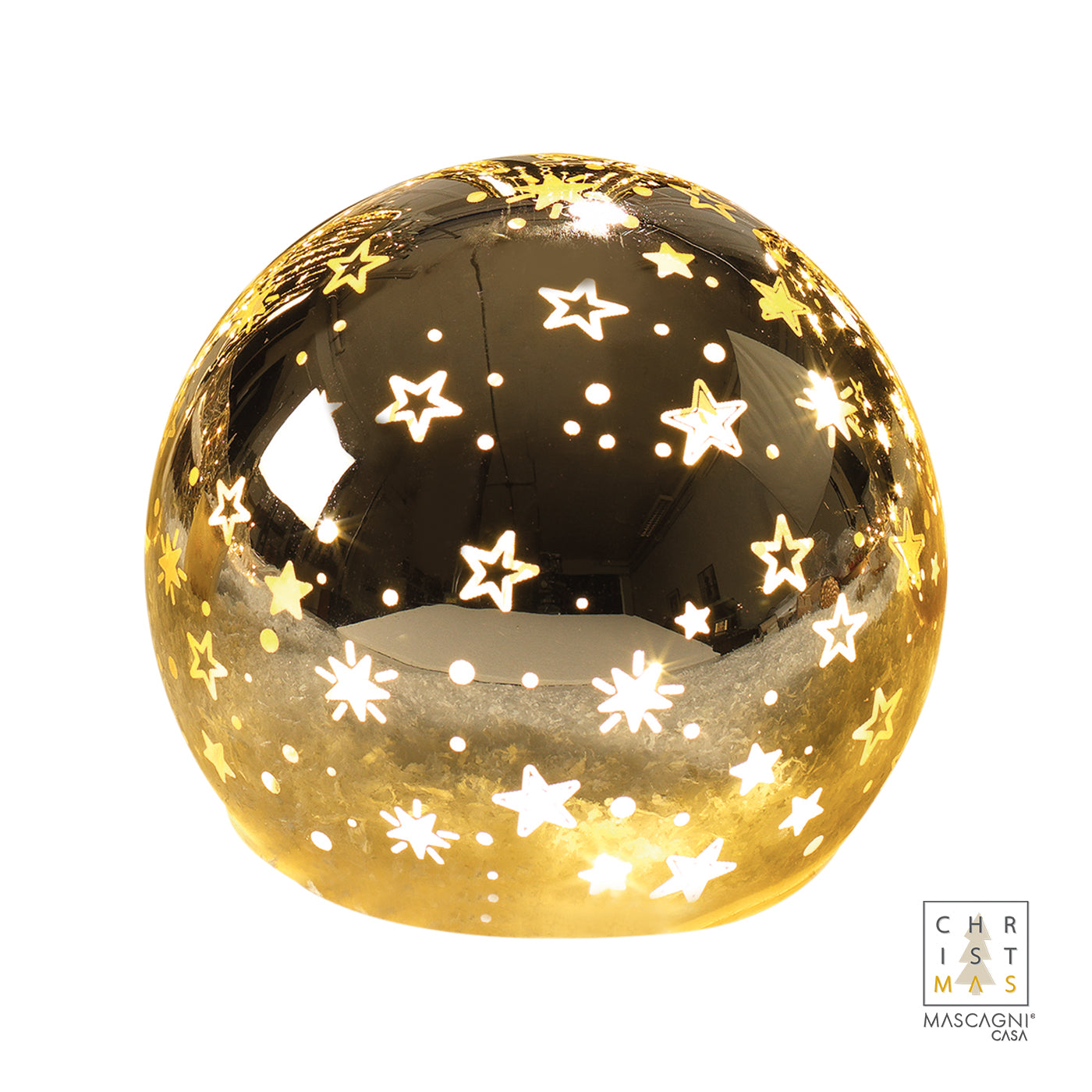 Realizzata in vetro color oro lucido con decoro stelline. Ø 12 cm. led intermittenti Funziona con 3 batterie  stilo incluse. In negozio e online su tuttochic.it