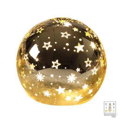 Realizzata in vetro color oro lucido con decoro stelline. Ø 12 cm. led intermittenti Funziona con 3 batterie  stilo incluse. In negozio e online su tuttochic.it