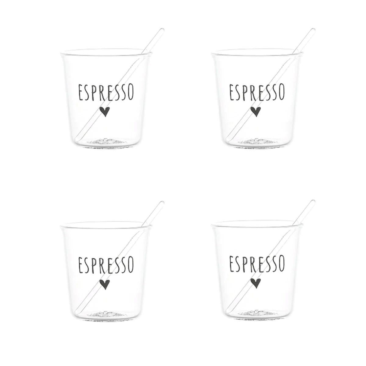 Goditi il tuo espresso con stile e un pizzico di ironia con il set di 4 bicchierini espresso "ESPRESSO". Realizzati in resistente vetro borosilicato con decoro "Pausa Caffè" in nero. Lavabili in lavastoviglie. Dimensioni: Ø 5.8 cm x h 6 cm - palettina in vetro inclusa.  In negozio e online su tuttochic.it