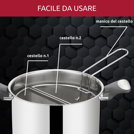 Con la Pastaiola con doppio cestello in acciaio e coperchio in vetro Unlimited, puoi cucinare facilmente e contemporaneamente diverse tipologie di pasta e verdure grazie ai suoi 2 cestelli integrati. Dimensioni: Ø 22 cm - Capacità: 4 litri. In negozio e online su tuttochic.it 