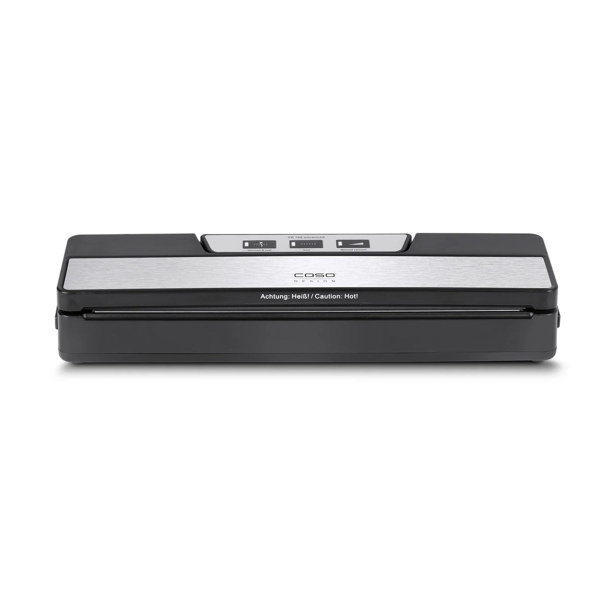 Barra per sottovuoto CASO Design VR 190 advanced in plastica nera con pannello frontale in acciaio inossidabile spazzolato.