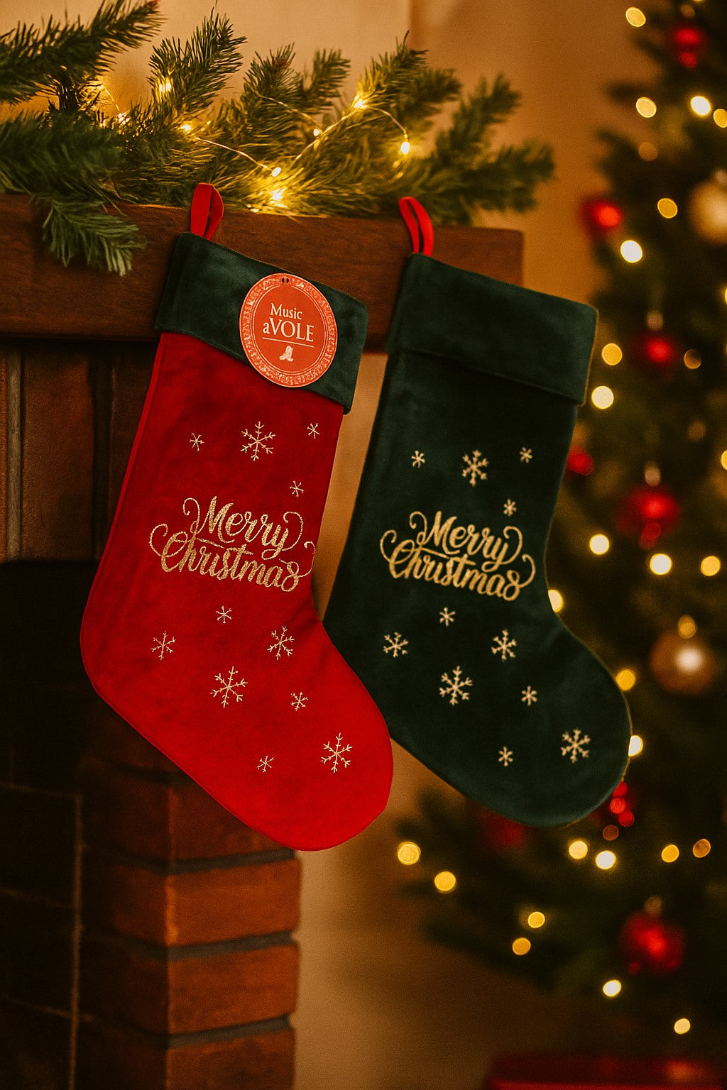 Calza natalizia in velluto rosso e verde con ricamo Merry Christmas oro