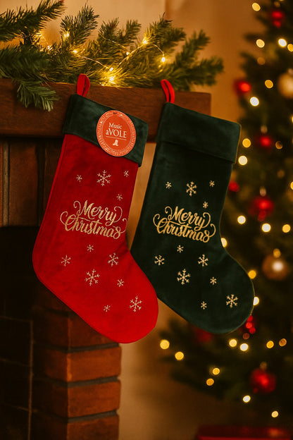Calza natalizia in velluto rosso e verde con ricamo Merry Christmas oro