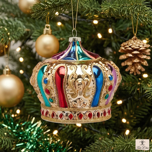 Addobbo Corona realizzato in vetro multicolor arricchito con gemme di plastica e glitter. Dimensioni: cm 13 x h 12. In negozio e online su tuttochic.it