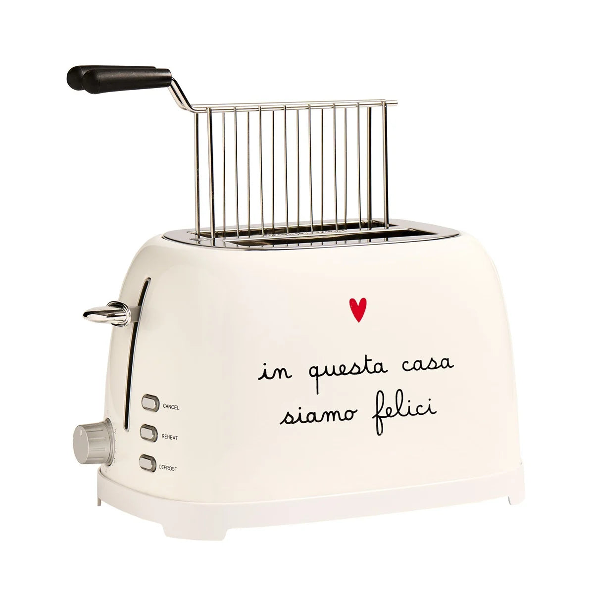 Aggiungi stile e un tocco di eleganza alla tua colazione con il Tostapane bianco "in questa casa siamo felici" di Simple Day. Realizzato in metallo di colore nero e dal design vintage, è perfetto per tostare fette di pane e pancarrè. Dimensioni: 27 x 16,5 x 19 cm Disegnato in Italia. In negozio e online su tuttochic.it