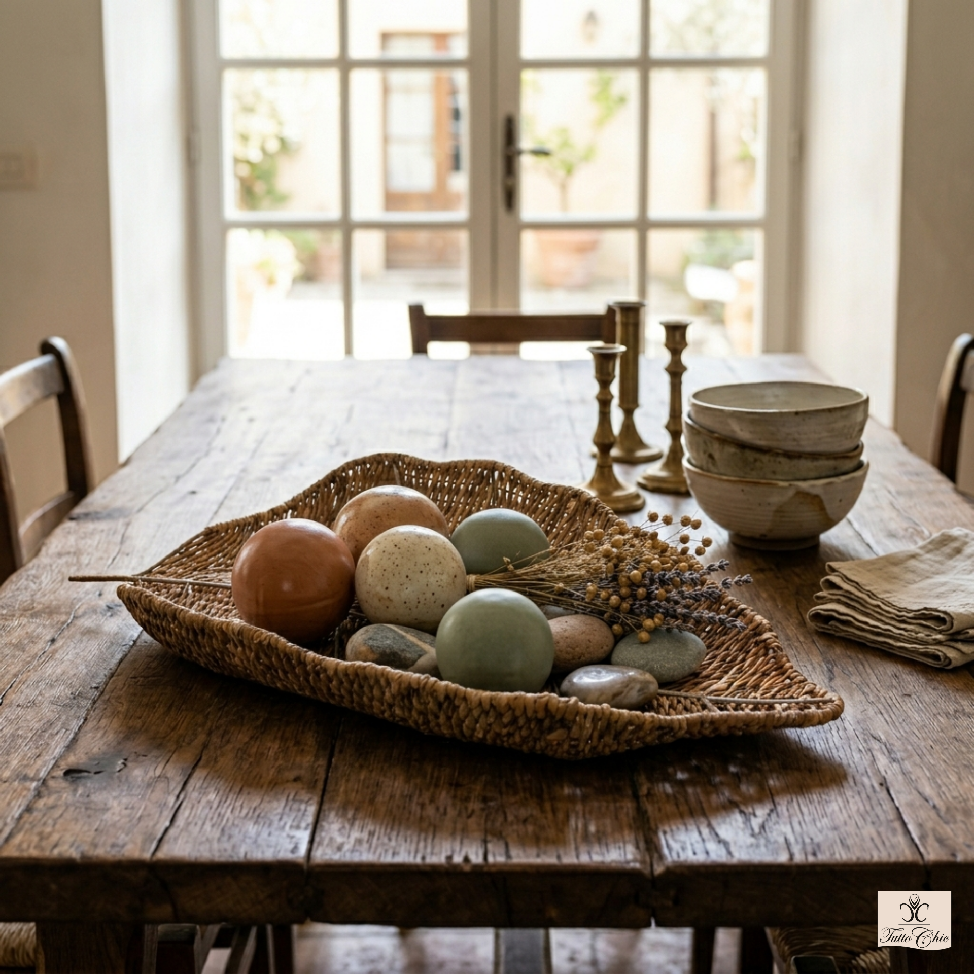 Vassoio decorativo a forma di foglia maxi in fibra vegetale intrecciata con telaio in metallo, lunghezza 92 cm, stile etnico e rustico Tutto Chic.