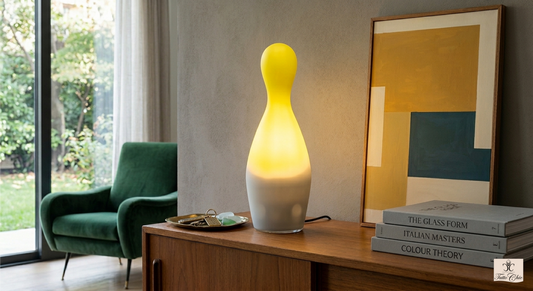 Lampada Birillo Le Cose Nostre in vetro soffiato bianco satinato con collo giallo. Design attribuito a Brandolini Tutto Chic.