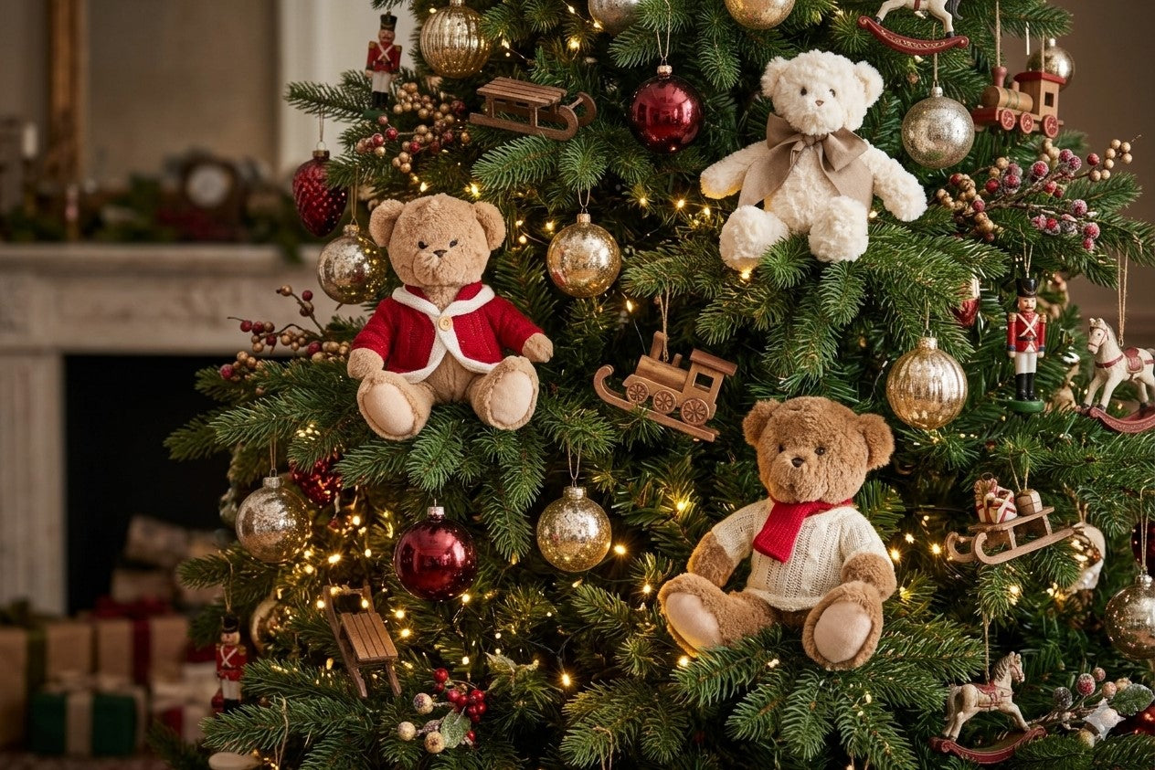 Orsetto peluche Nuvole di Stoffa appoggiato tra i rami di un grande albero di Natale, aggiungendo un tocco di tenerezza vintage.