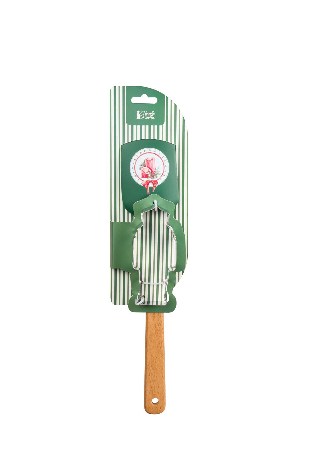 Set regalo natalizio da pasticceria Magic Noel di Nuvole di Stoffa composto da una spatola leccapentole in silicone verde salvia con manico in legno naturale e uno stampino tagliabiscotti in acciaio a forma di soldatino schiaccianoci con fiocco a quadri, Tutto Chic.