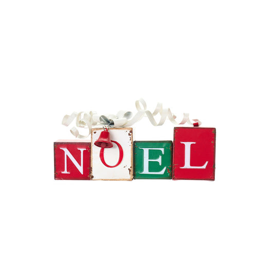 Scritta NOEL in metallo decorativa da appoggio. Rossa, bianca e verde

