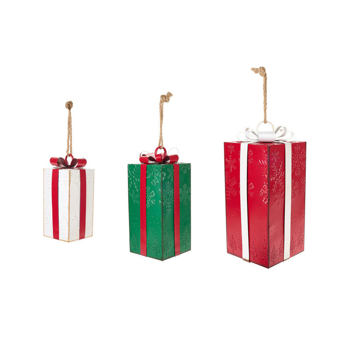 Set 3 pacchi decorativi natalizi in metallo bianco, verde e rosso

