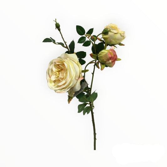 Rosa artificiale x 3 rametti. Dimensioni: h cm. 58 Colore: bianco con sfumature giallo e rosa Petali e foglie in tessuto, stelo in plastica. In negozio e online su tuttochic.it