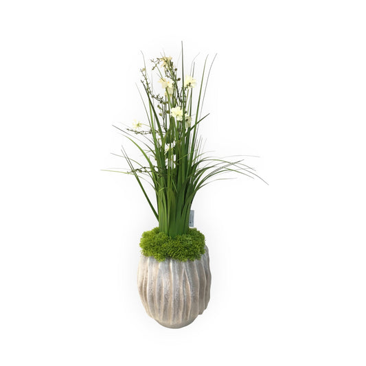 Composizione Vaso Chakra piccolo con festuca. Il vaso in ceramica avorio e la festuca con fiorellini bianchi emettono sensazioni di serenità, mentre il muschio verde dona un tocco naturale. Perfetta per aggiungere un'atmosfera armoniosa alla tua casa o ufficio. Dim: Ø cm 22,5 x h cm 75. In negozio e online tuttochic.it