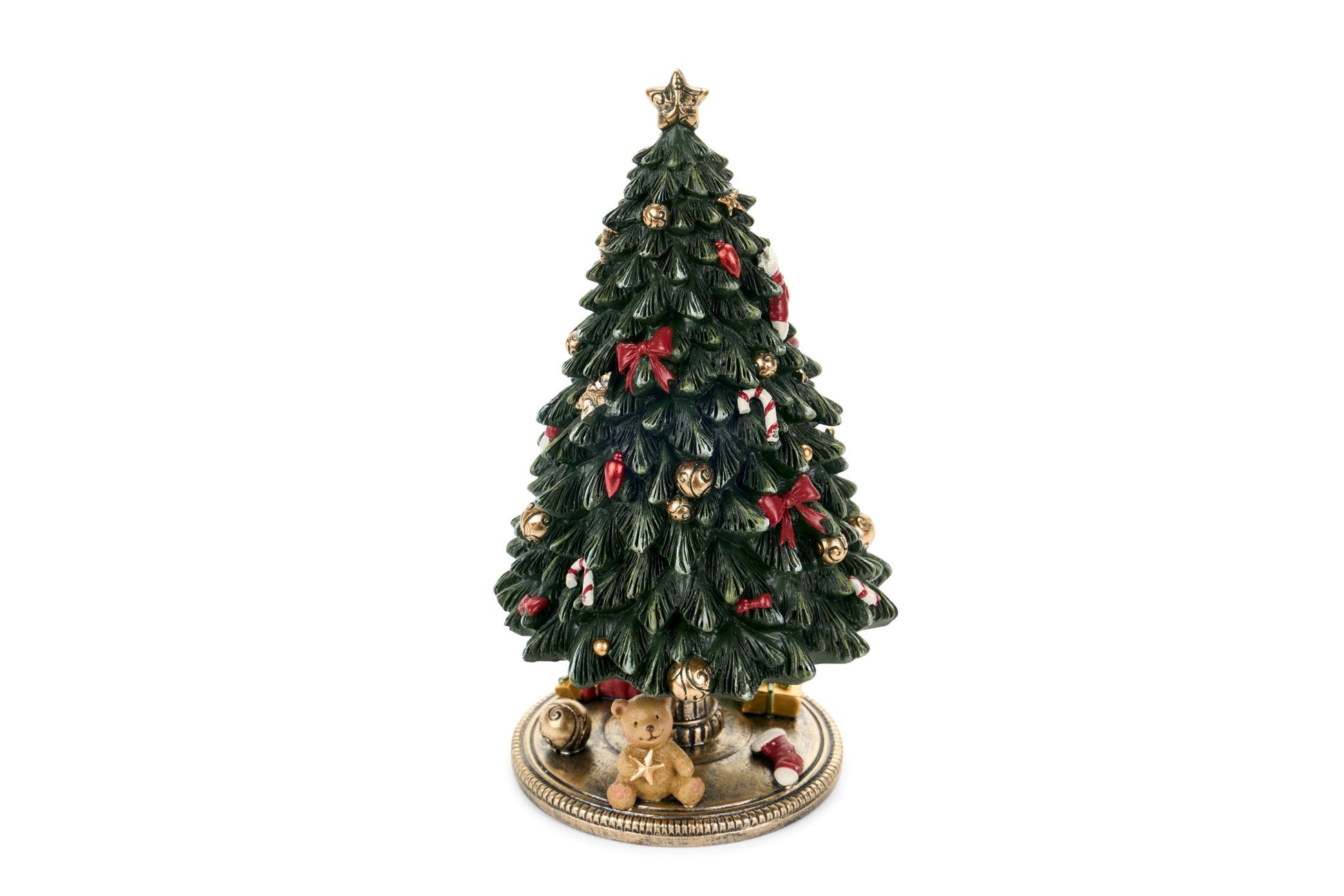 Carillon natalizio a forma di albero decorato con orsetto alla base, h 23,5 cm, meccanismo a molla, collezione Vintage Toys Nuvole di Stoffa, Tutto Chic.
