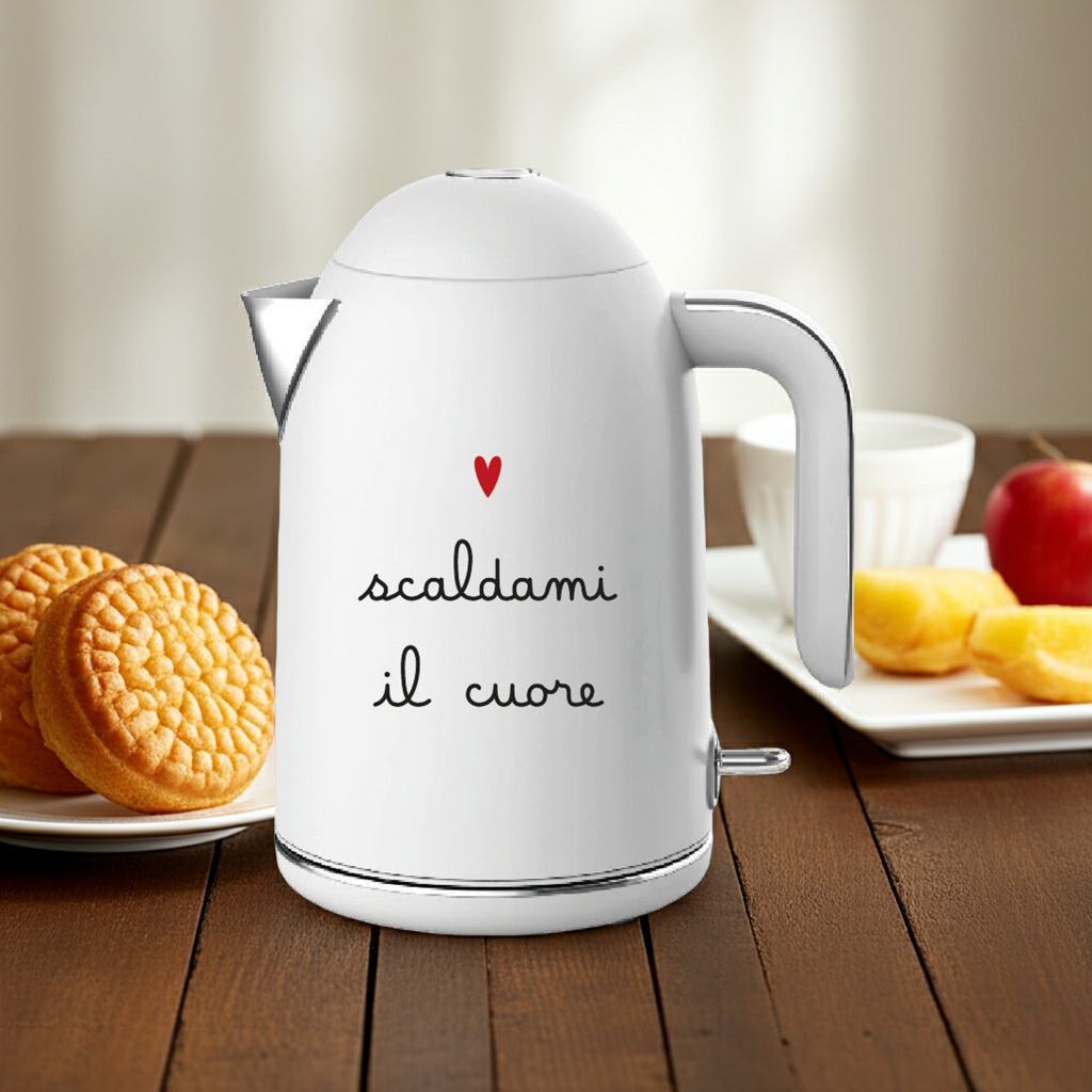 Bollitore elettrico Simple Day bianco in metallo con scritta "Scaldami il cuore" e capacità 1,7 litri.