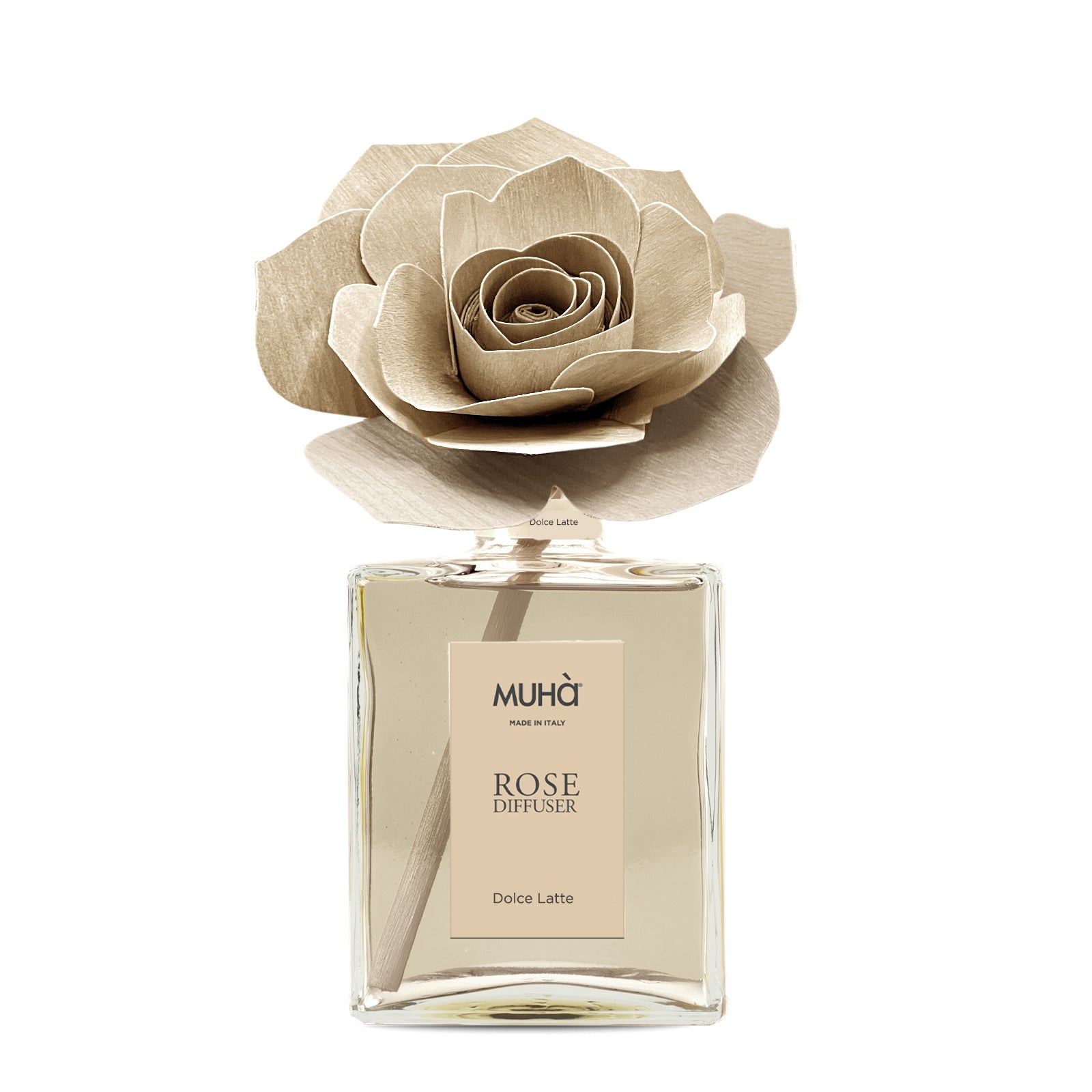 Profumatore d'ambiente in bottiglia di vetro con diffusore a forma di rosa in legno di betulla realizzato a mano. Completo di essenza 200 ml fragranza DOLCE LATTE. In negozio e online su tuttochic.it