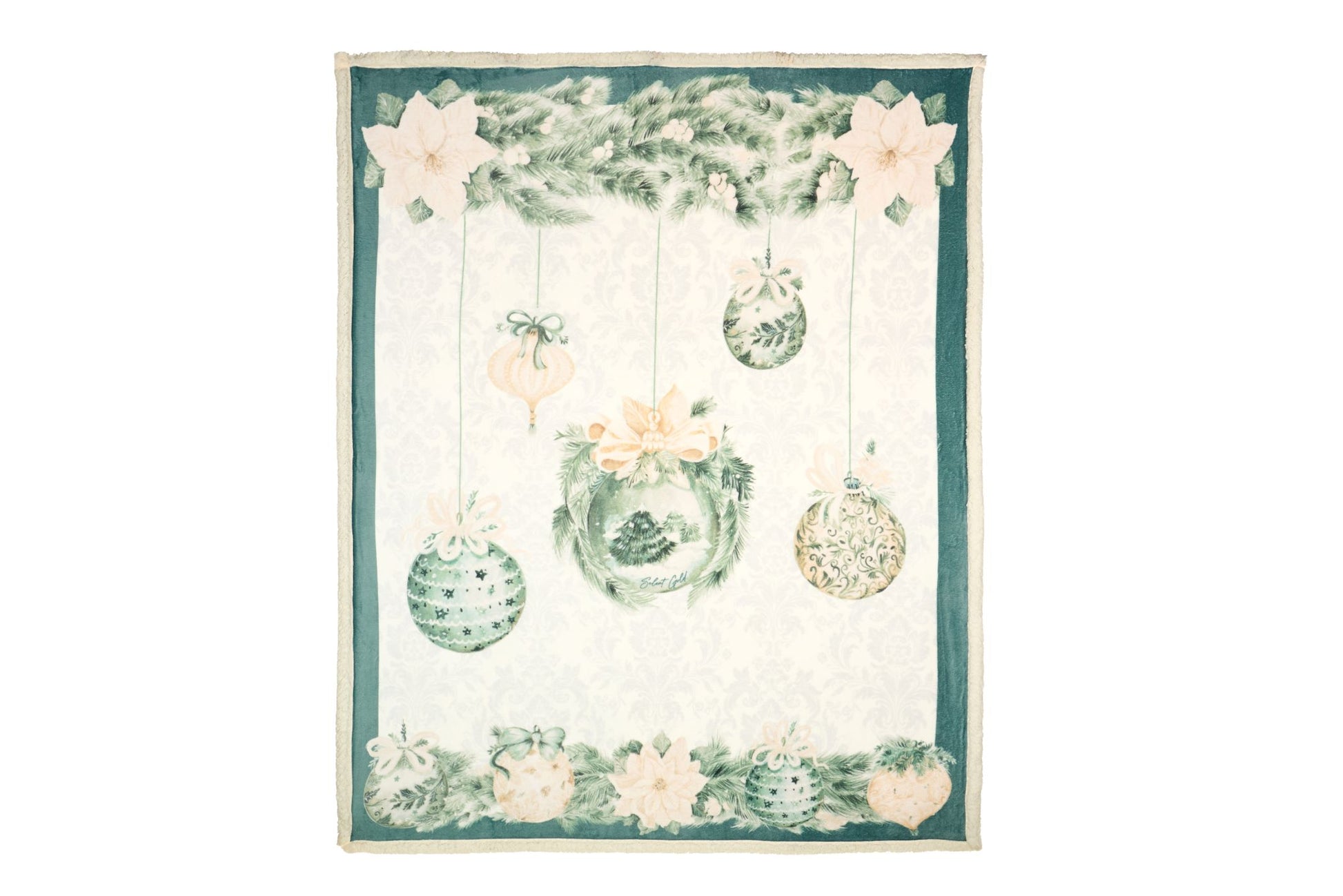 Plaid natalizio 130x160 cm collezione Silent Gold di Nuvole di Stoffa, colore verde salvia e panna con stampa di palline di Natale e stelle di Natale bianche, Tutto Chic.